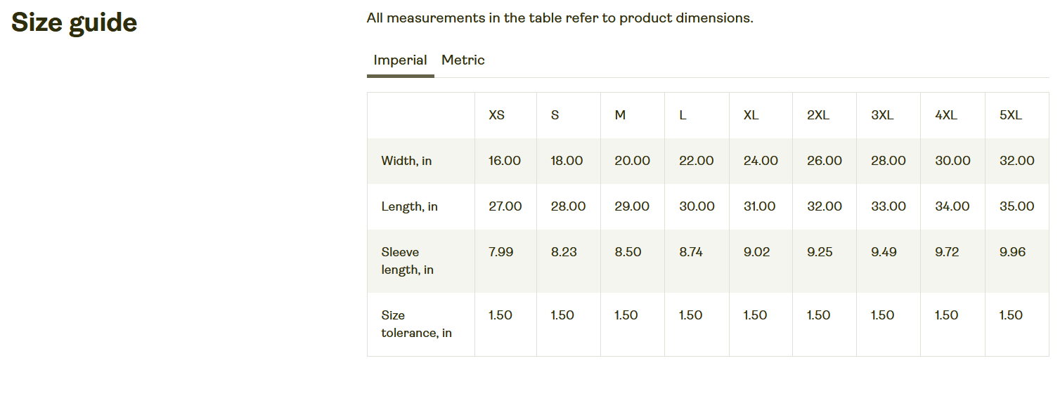 Take Time to Heal t-shirt  size chart in inches